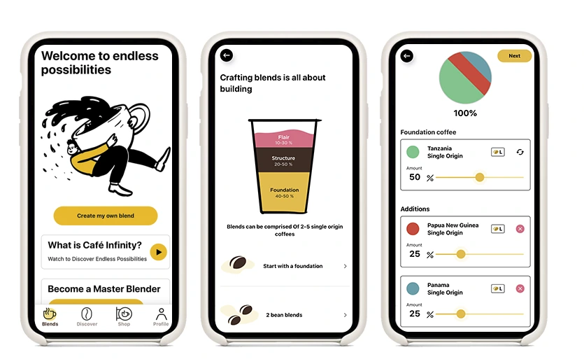 Three Cafe Infinity app screens: welcome, blend-building guidance, and adjustable coffee proportions