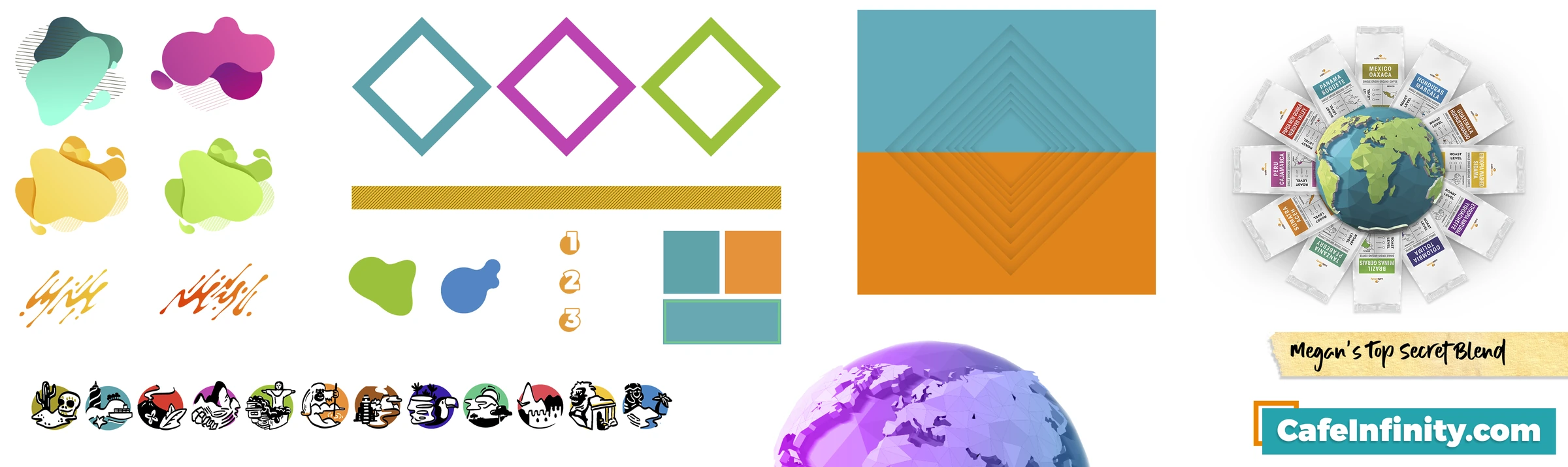 Original Cafe Infinity brand elements: colorful shapes, diamond frames, coffee illustrations, and a globe surrounded by coffee origins