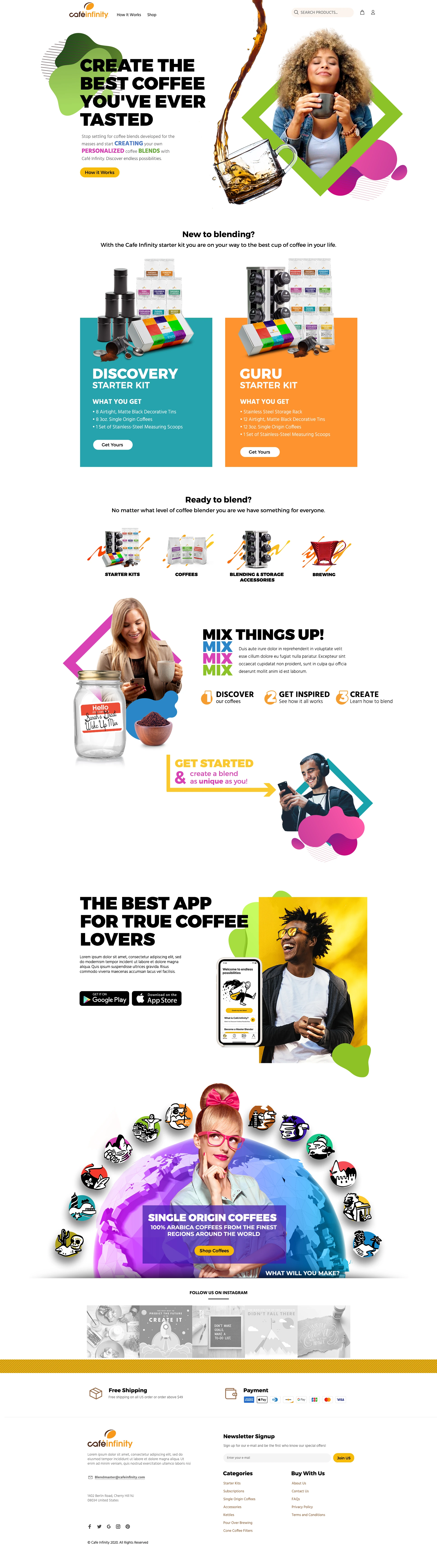 Complete original Cafe Infinity homepage, including starter kits, shopping categories, blend discovery, mobile app, and single-origin coffees