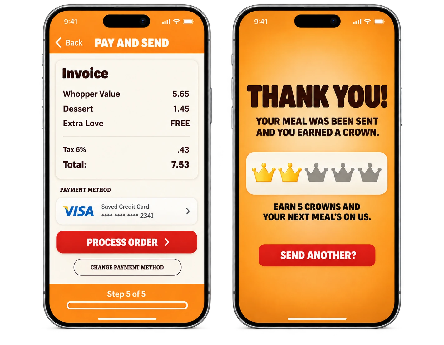 Payment invoice and thank-you screen with five crown reward icons