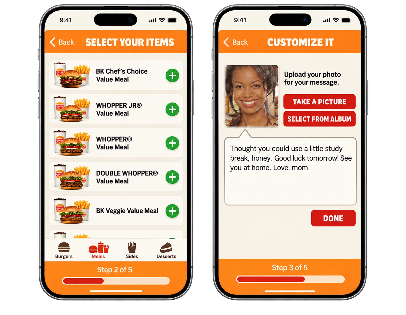 Meal selection with category navigation and a custom photo and message editor
