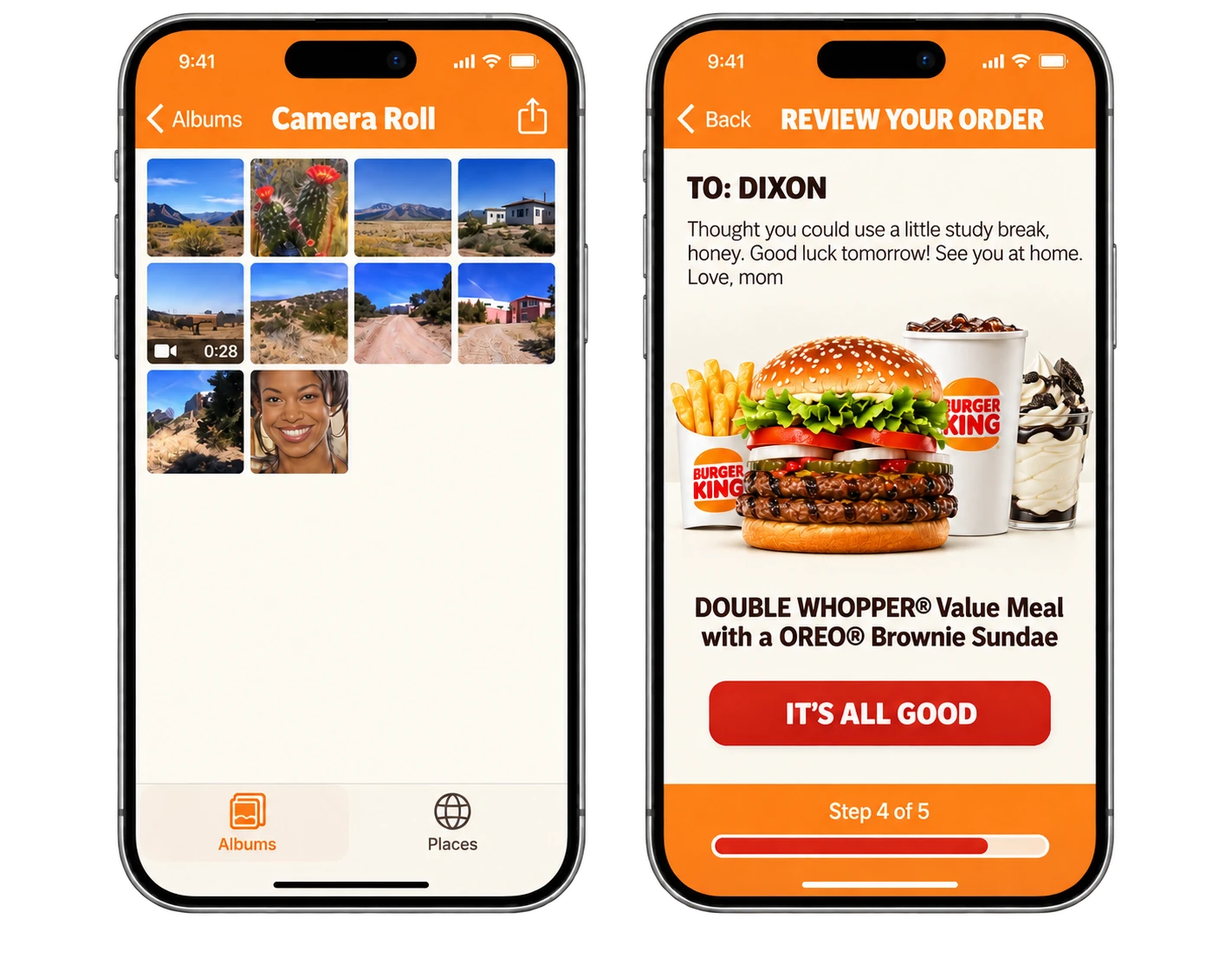 Photo gallery and order review showing a message to Dixon and a Double Whopper meal