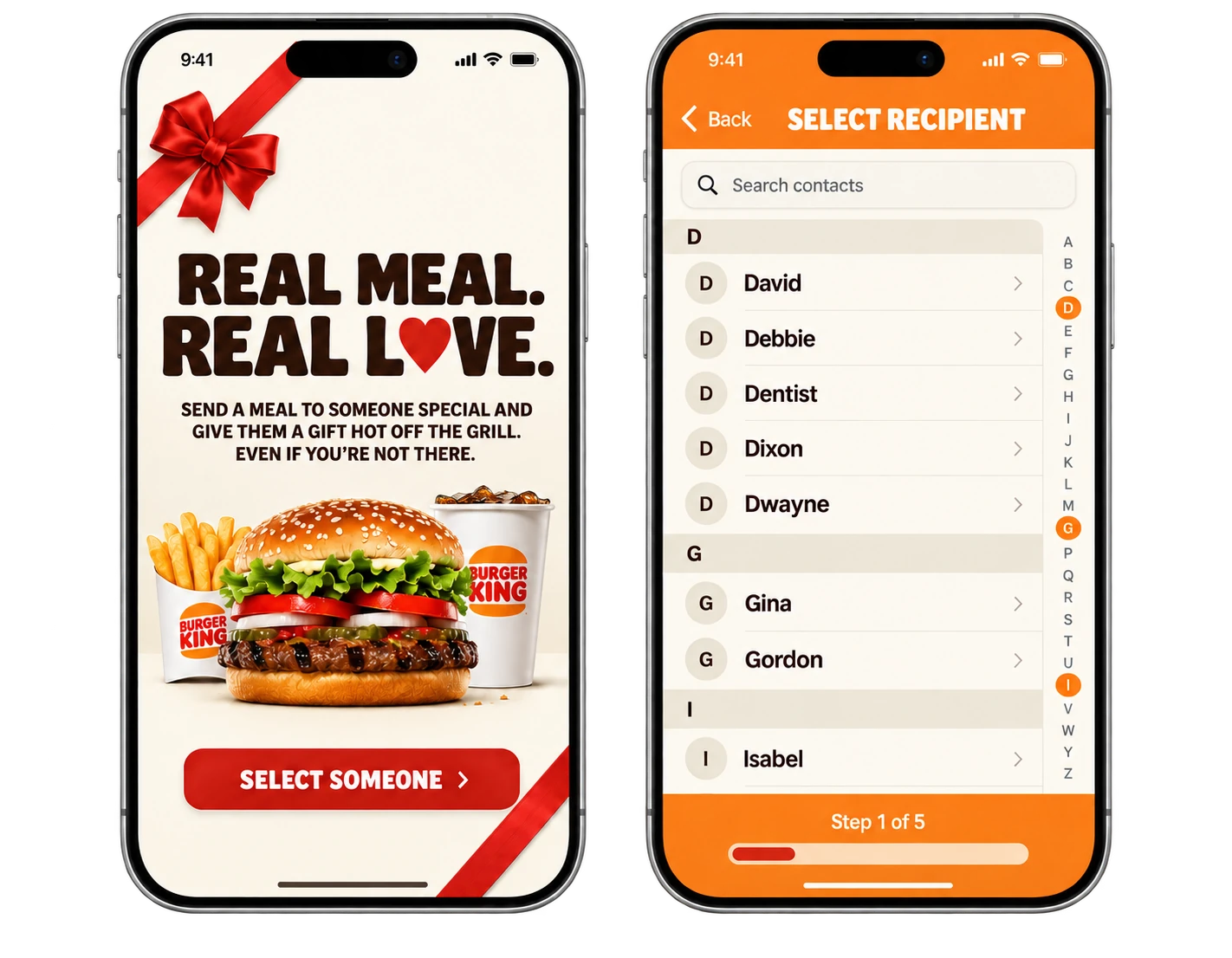 Real Meal, Real Love welcome screen and contact selection screen