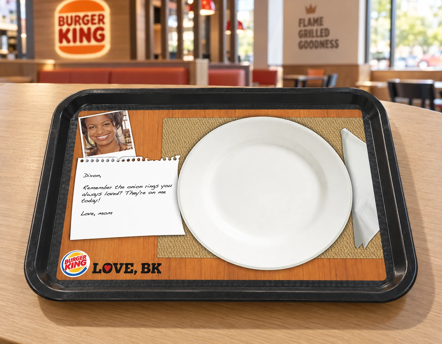 Personalized tray liner with mom’s photograph, a handwritten note to Dixon, and Love, BK branding
