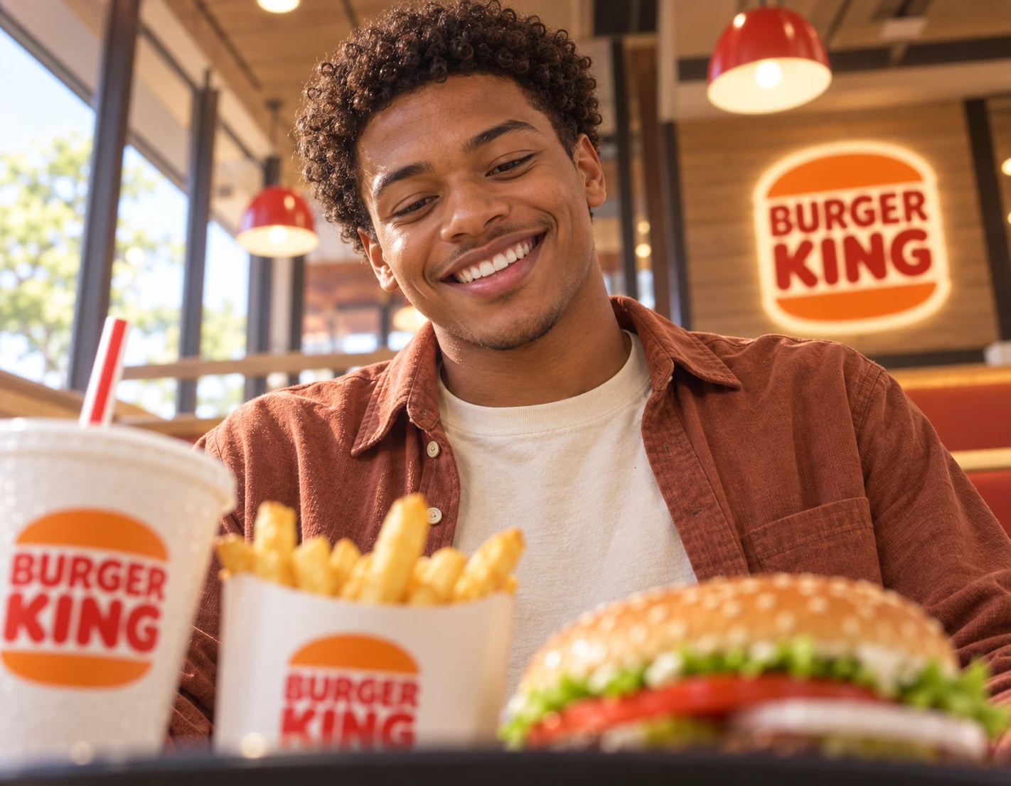 A young man smiles down at the meal gifted by his mother, photographed from the tray’s point of view