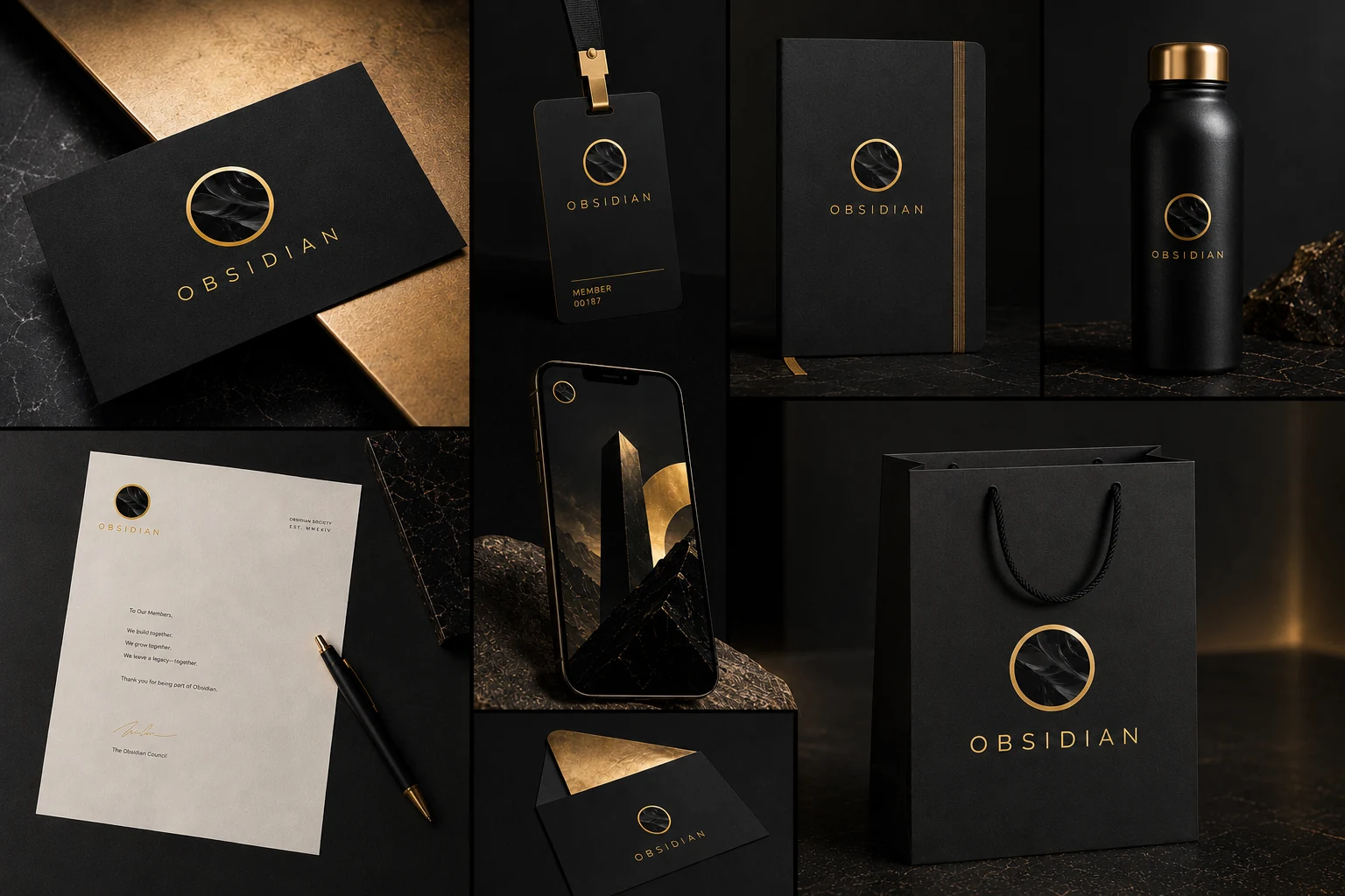 Obsidian identity applications across stationery, business cards, packaging, and branded objects