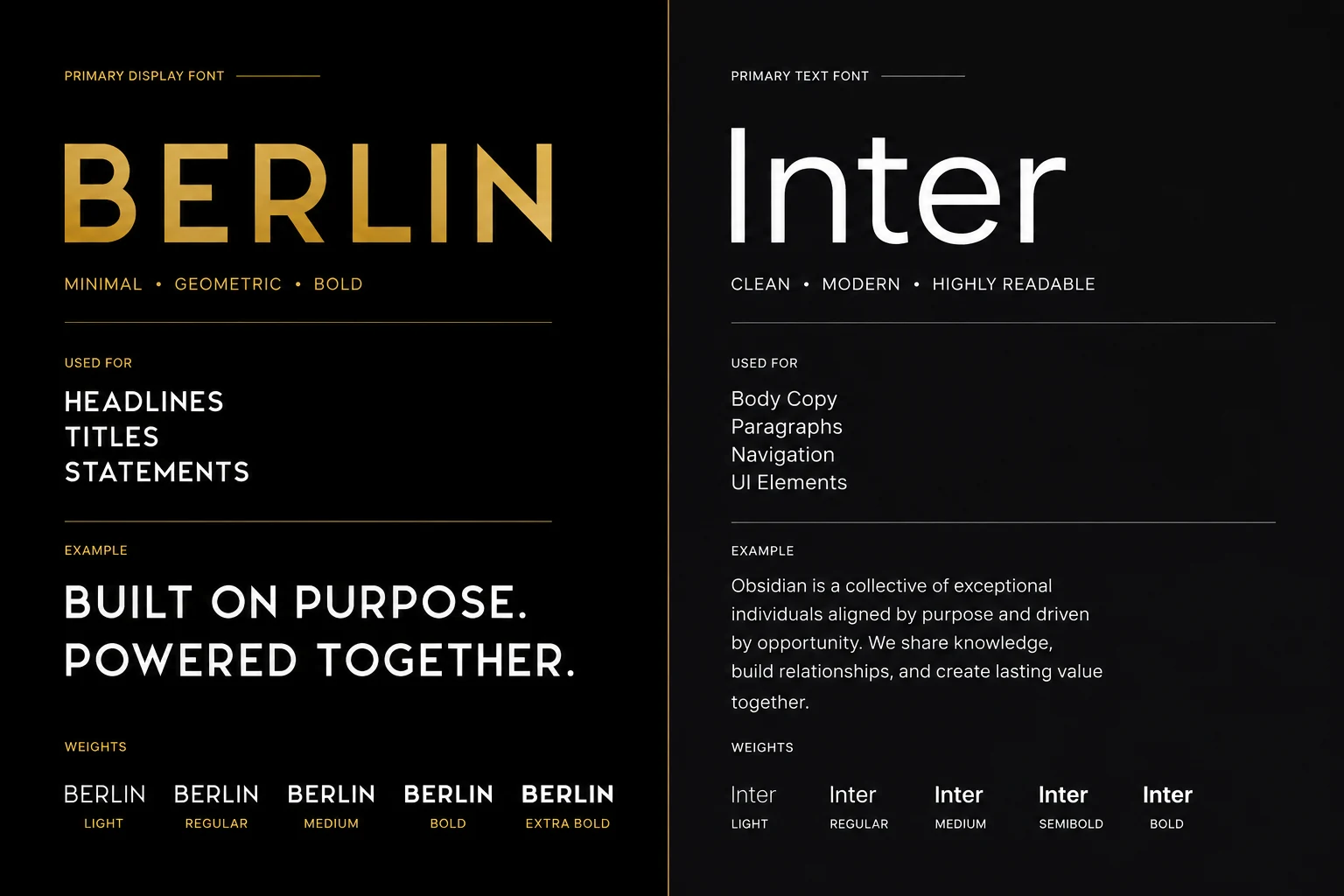 Obsidian typography system: Berlin and Inter. Built on purpose. Powered together.