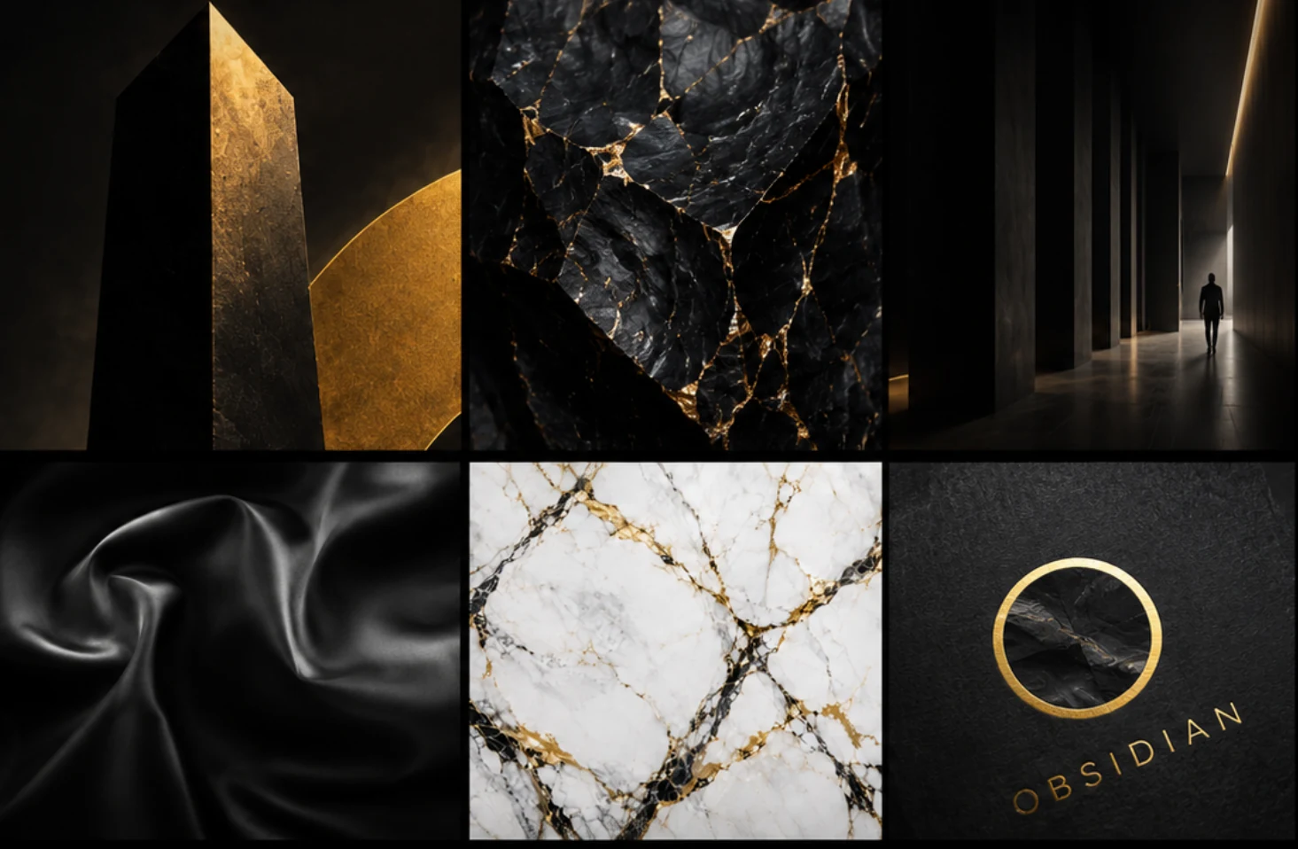 Obsidian visual direction with sculptural forms, black stone, and gold accents